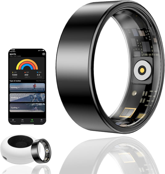Anillo Inteligente Con Frecuencia Cardíaca, Oxígeno En Sangre, Estrés, Monitor De Sueño, Monitor De Pasos, Resistente Al Agua Hasta 10 ATM (Negro, 12)